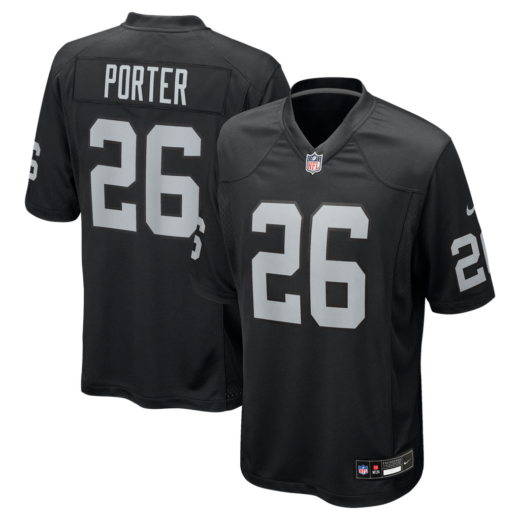 Las Vegas Raiders Darien Porter Black Team Game Jersey product image 1, provided for visual reference and product detail