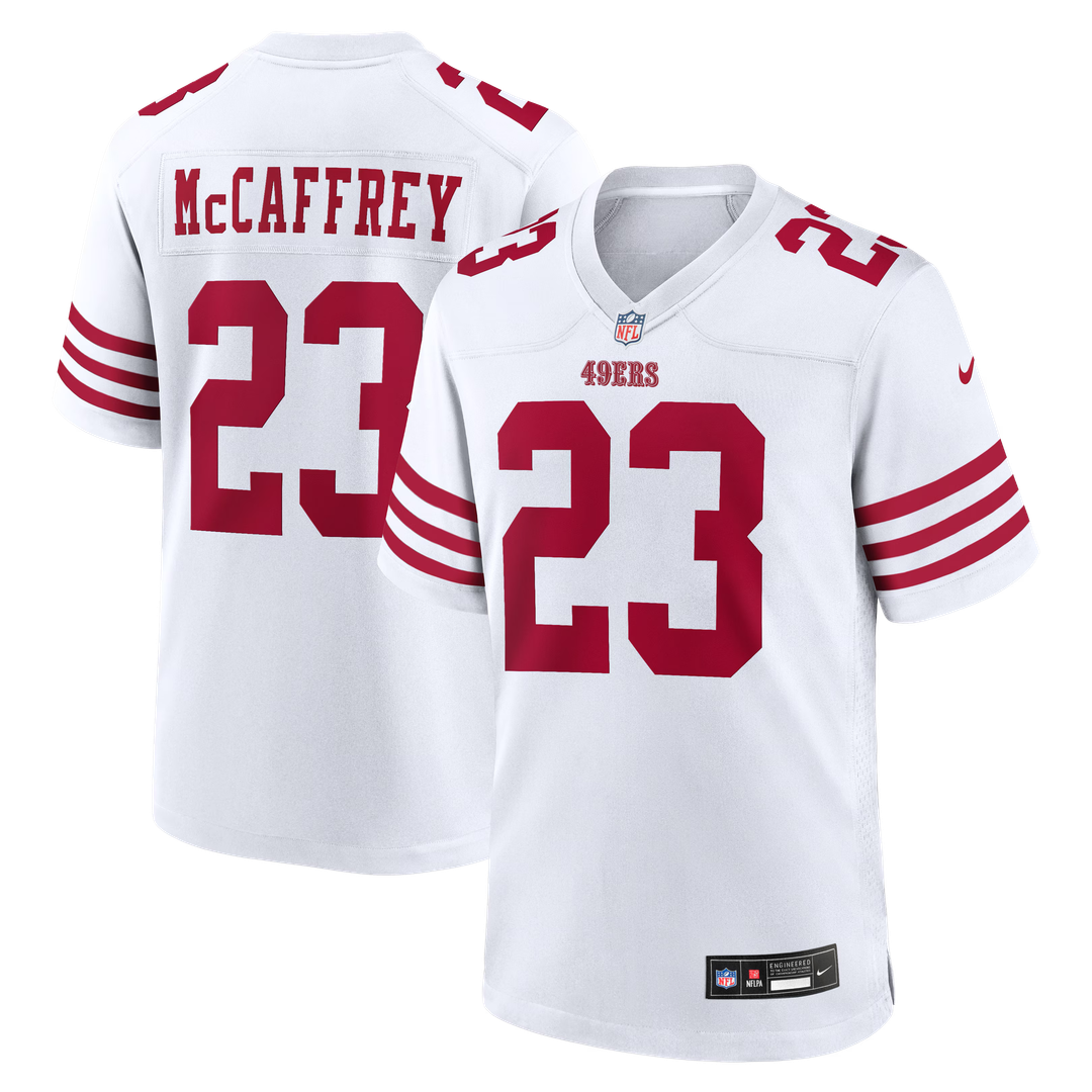 San Francisco 49ers Christian McCaffrey White Game Player Jersey product image 1, provided for visual reference and product