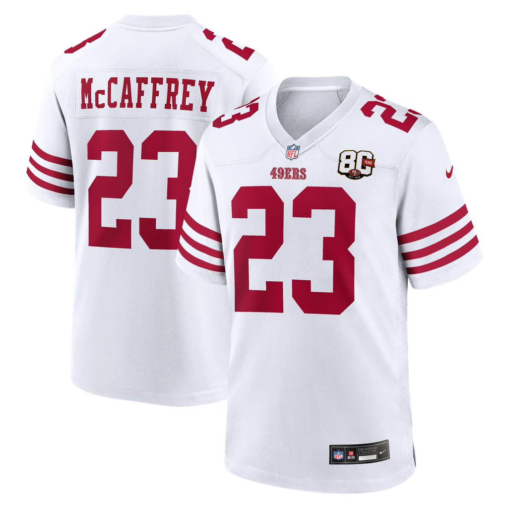 San Francisco 49ers Christian McCaffrey White 80th Anniversary Game Jersey product image 4, provided for visual reference