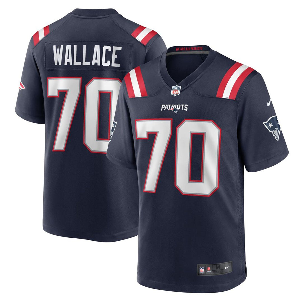 New England Patriots Caedan Wallace Navy Game Jersey product image 1, provided for visual reference and product detail review
