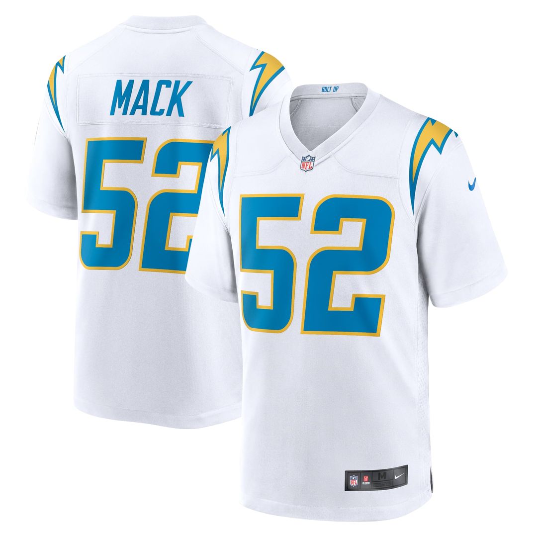 Los Angeles Chargers Khalil Mack White Game Jersey product image 1, provided for visual reference and product detail review