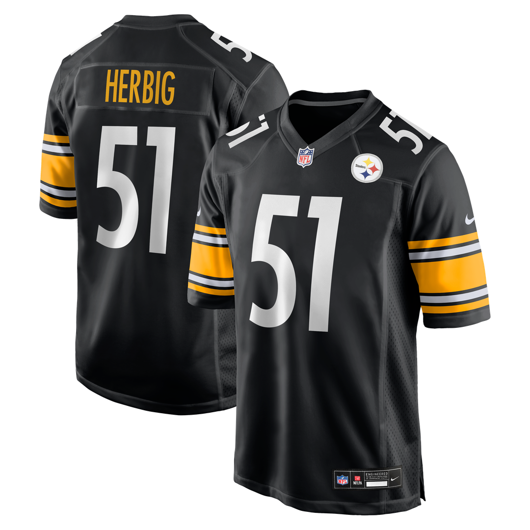 Pittsburgh Steelers Nick Herbig Black Game Jersey product image 1, provided for visual reference and product detail review