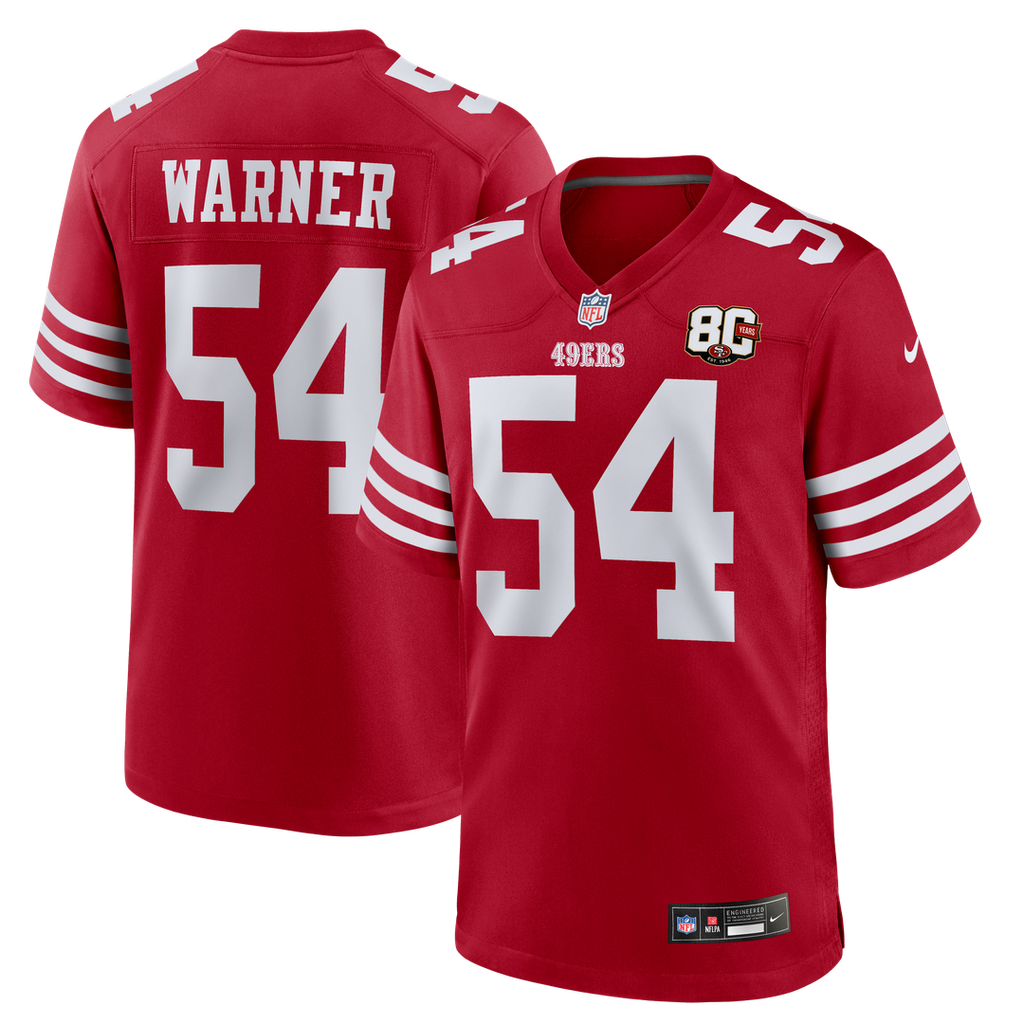 San Francisco 49ers Fred Warner Scarlet 80th Anniversary Game Jersey product image 11, provided for visual reference and