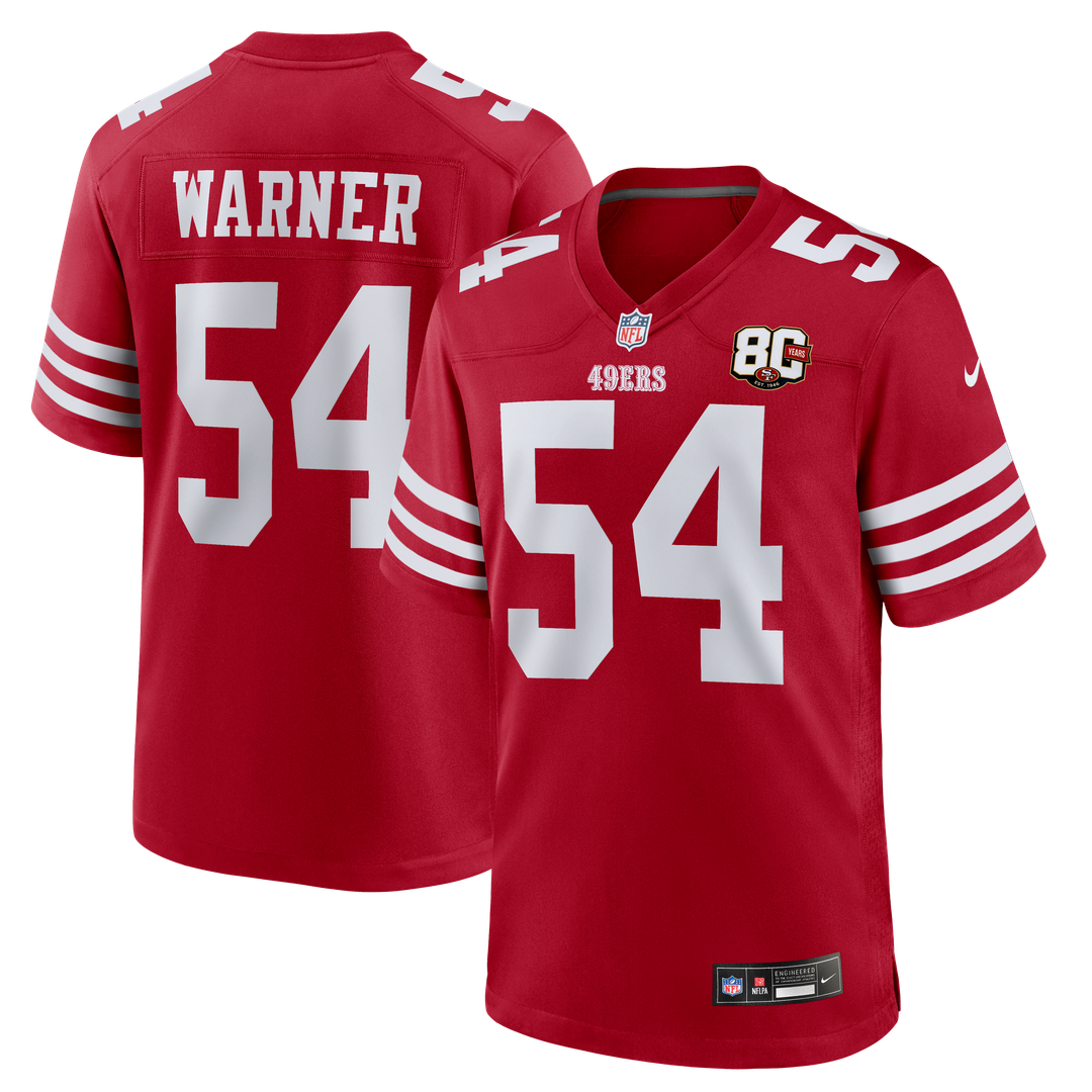 San Francisco 49ers Fred Warner White 80th Anniversary Game Jersey product image 7, provided for visual reference and