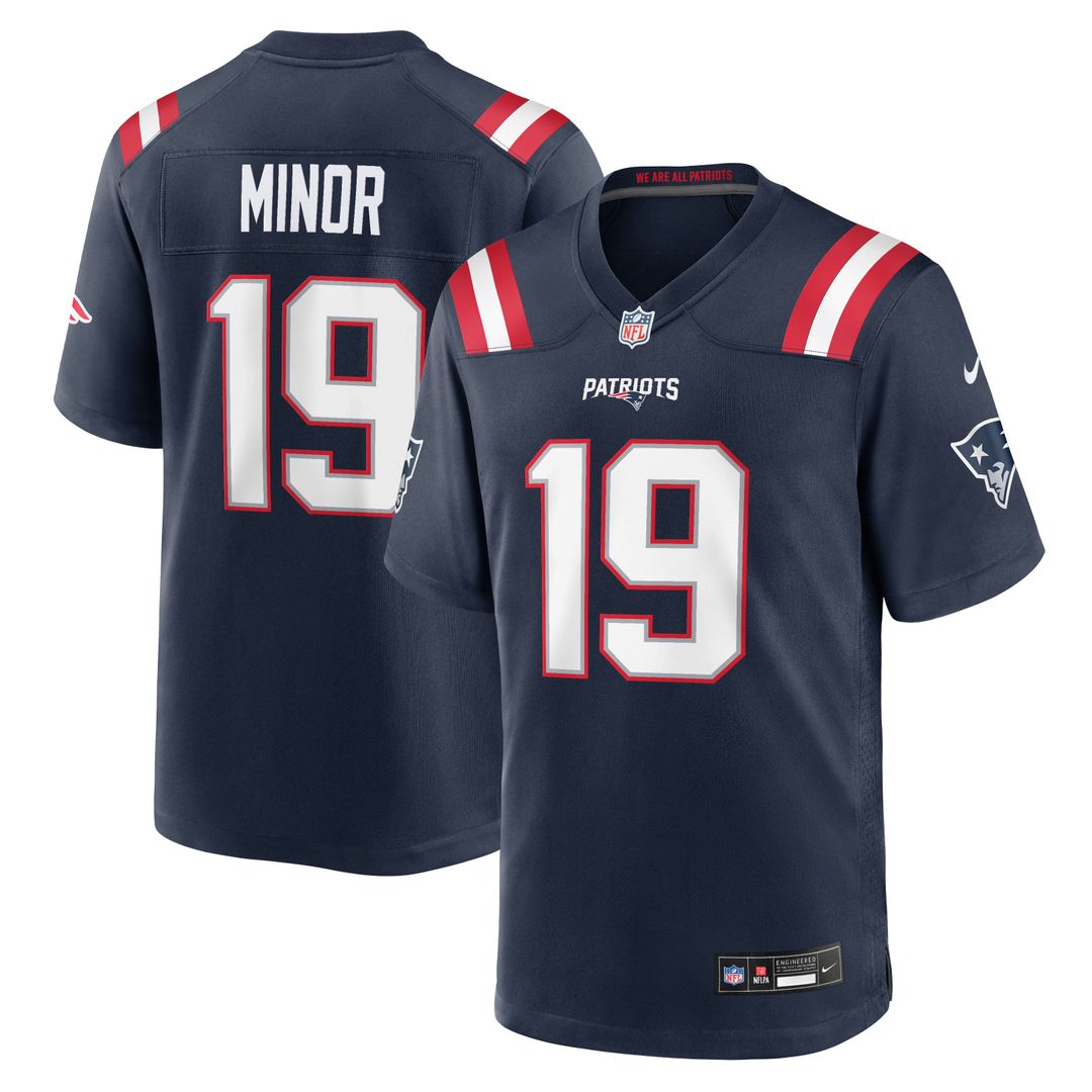 New England Patriots Kobee Minor Navy Team Game Jersey product image 1, provided for visual reference and product detail