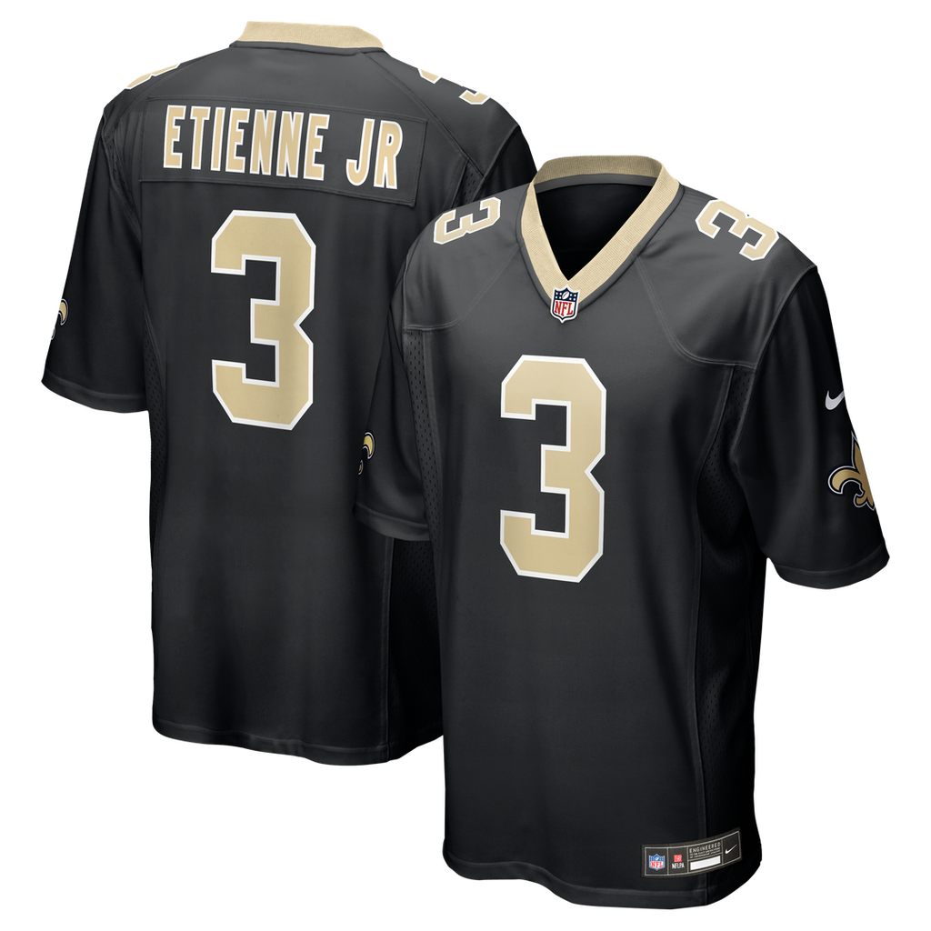 New Orleans Saints Travis Etienne Jr Black Game Jersey product image 1, provided for visual reference and product detail