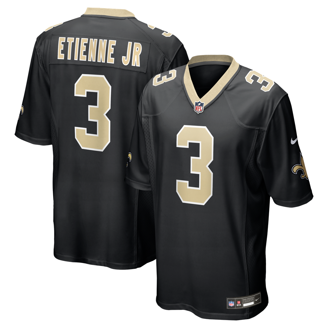 New Orleans Saints Travis Etienne Jr Black Game Jersey product image 1, provided for visual reference and product detail