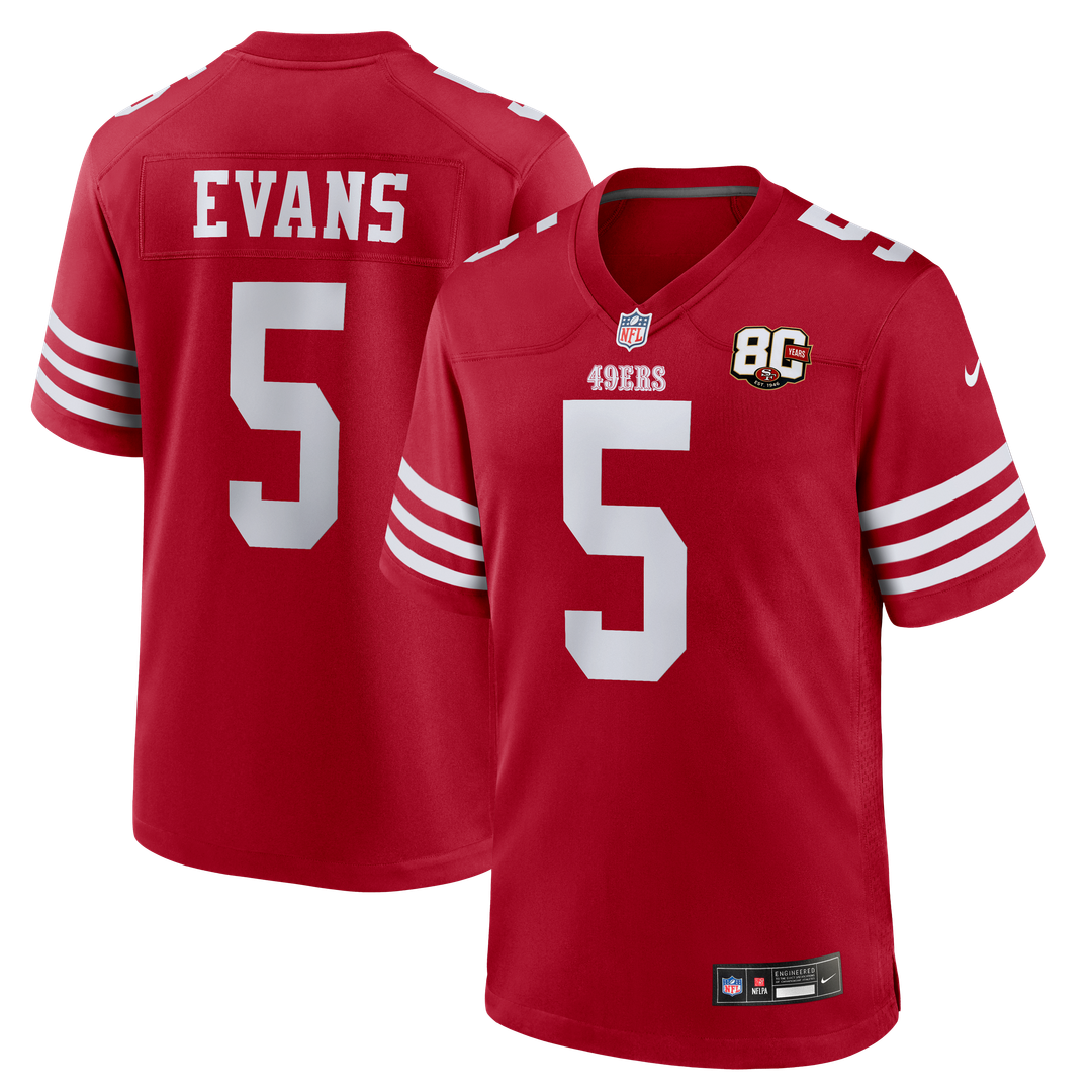 San Francisco 49ers Mike Evans Scarlet 80th Anniversary Game Jersey product image 1, provided for visual reference and