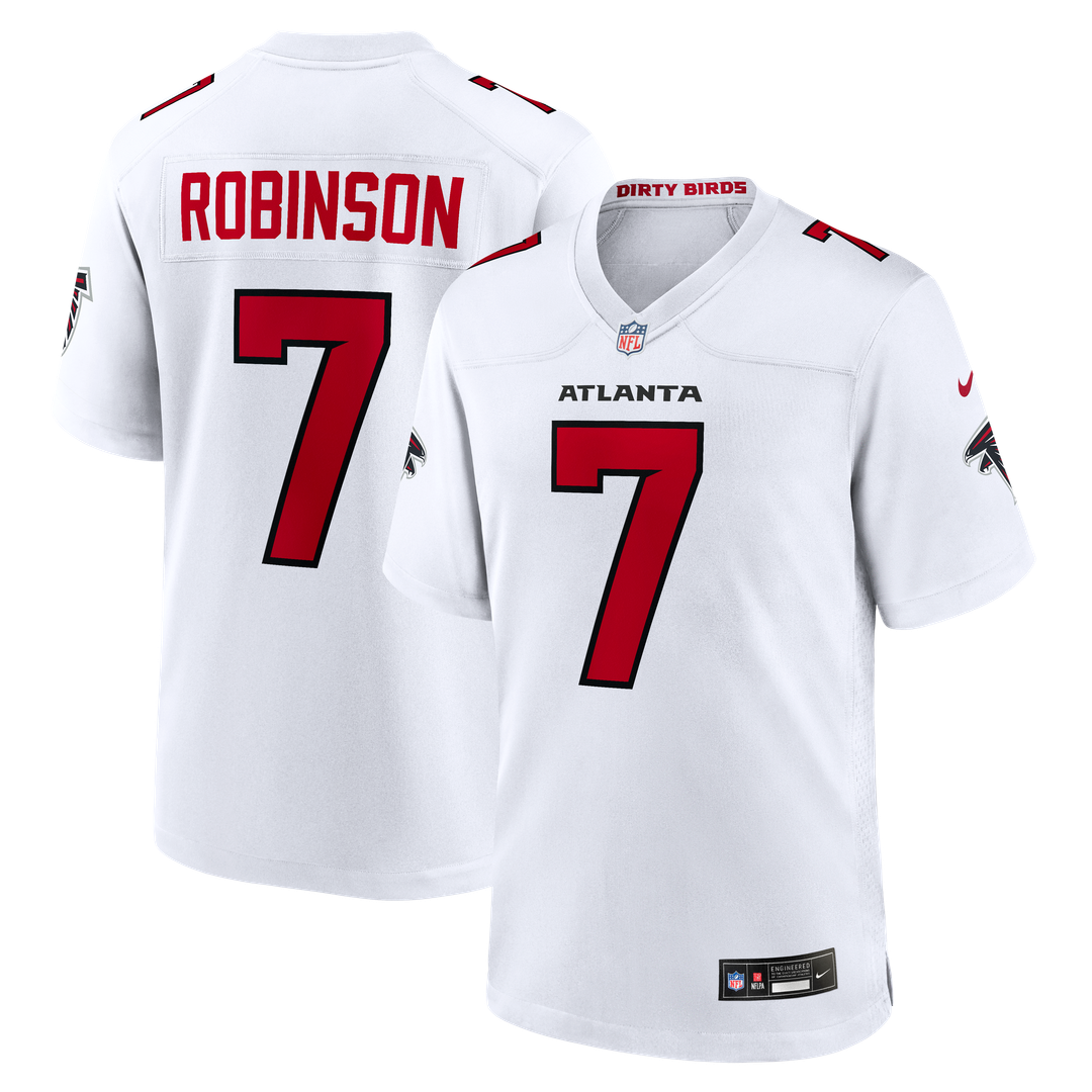 Atlanta Falcons Bijan Robinson White Game Jersey product image 1, provided for visual reference and product detail review