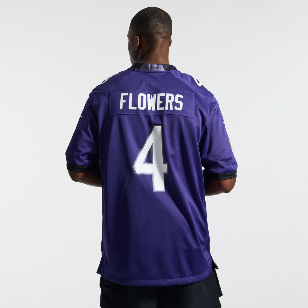 Baltimore Ravens Zay Flowers Purple Team Game Jersey product image 3, provided for visual reference and product detail review