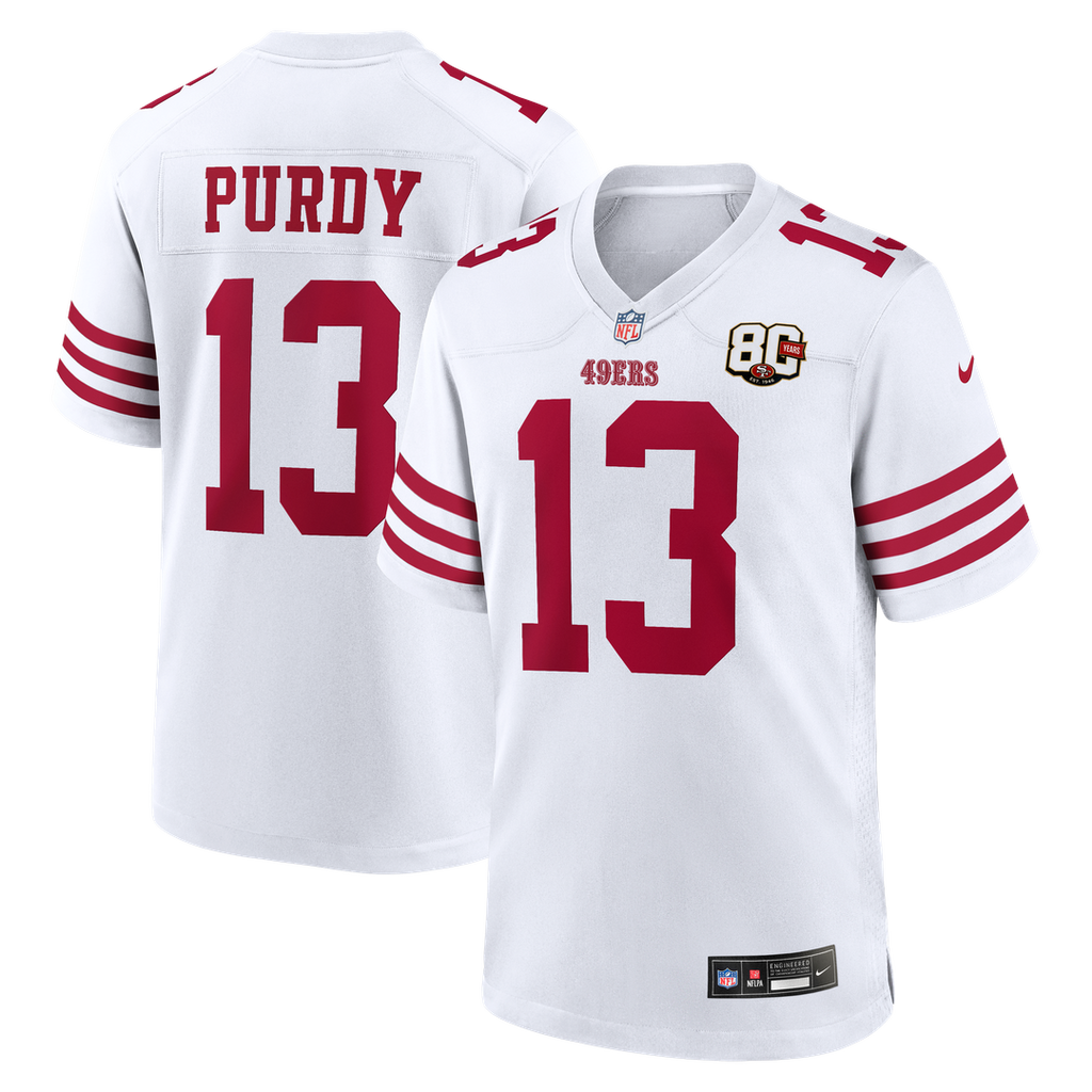 San Francisco 49ers Brock Purdy White 80th Anniversary Game Jersey product image 1, provided for visual reference and