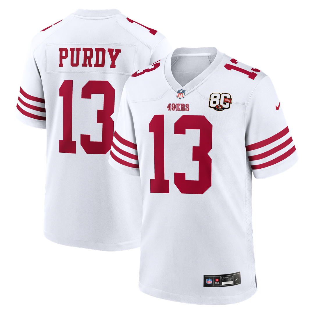 San Francisco 49ers Brock Purdy White 80th Anniversary Game Jersey product image 1, provided for visual reference and
