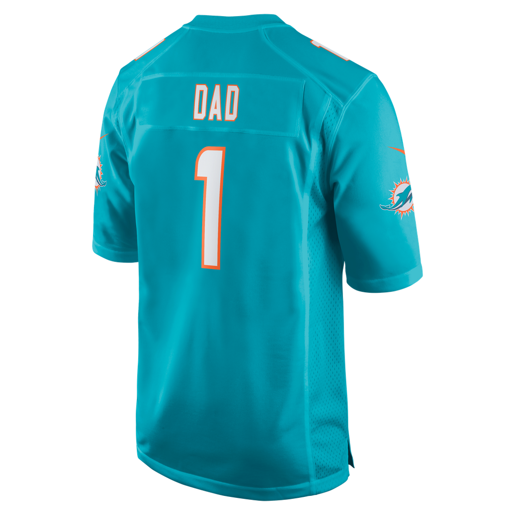 Miami Dolphins Number 1 Dad Aqua Game Jersey product image 3, provided for visual reference and product detail review