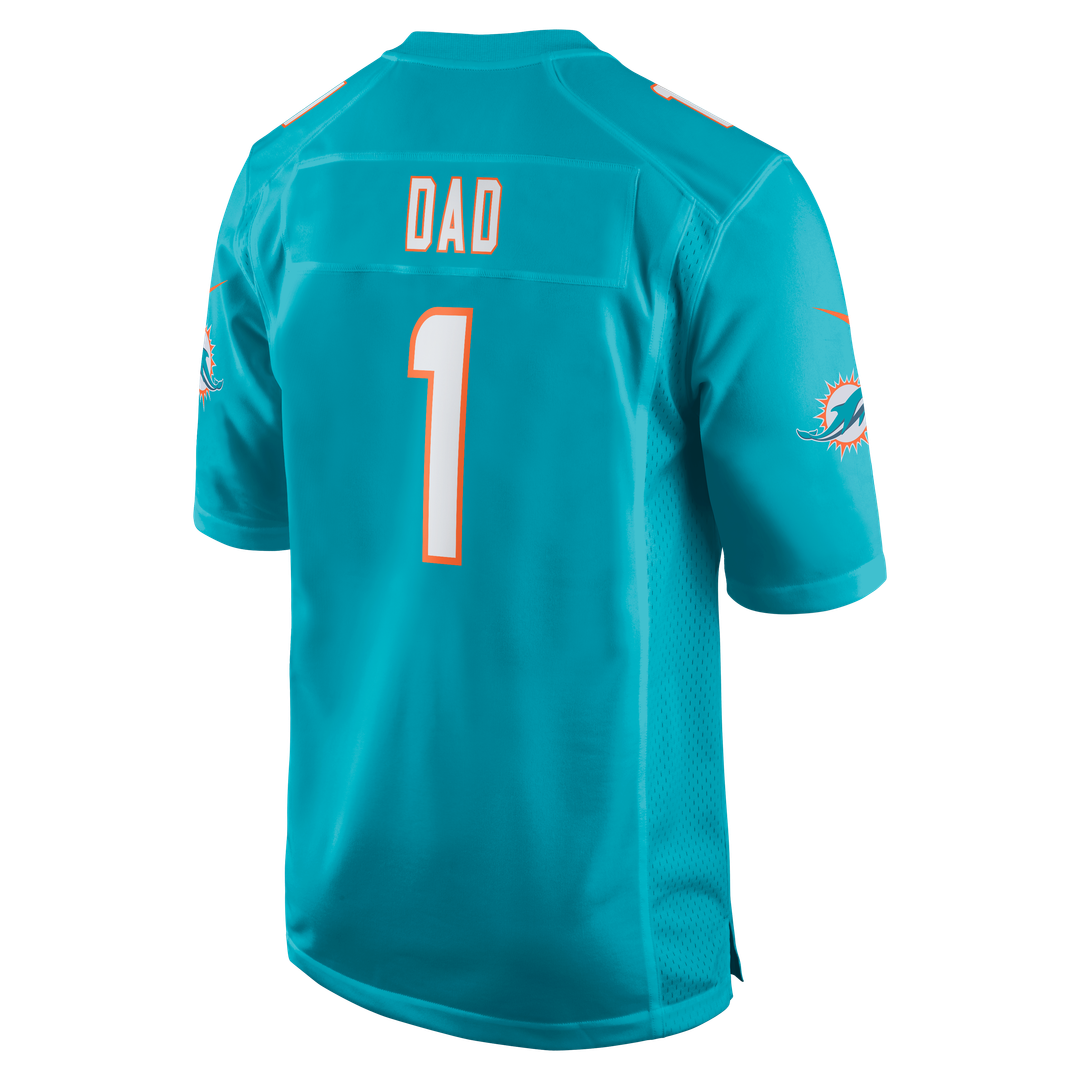 Miami Dolphins Number 1 Dad Aqua Game Jersey product image 3, provided for visual reference and product detail review