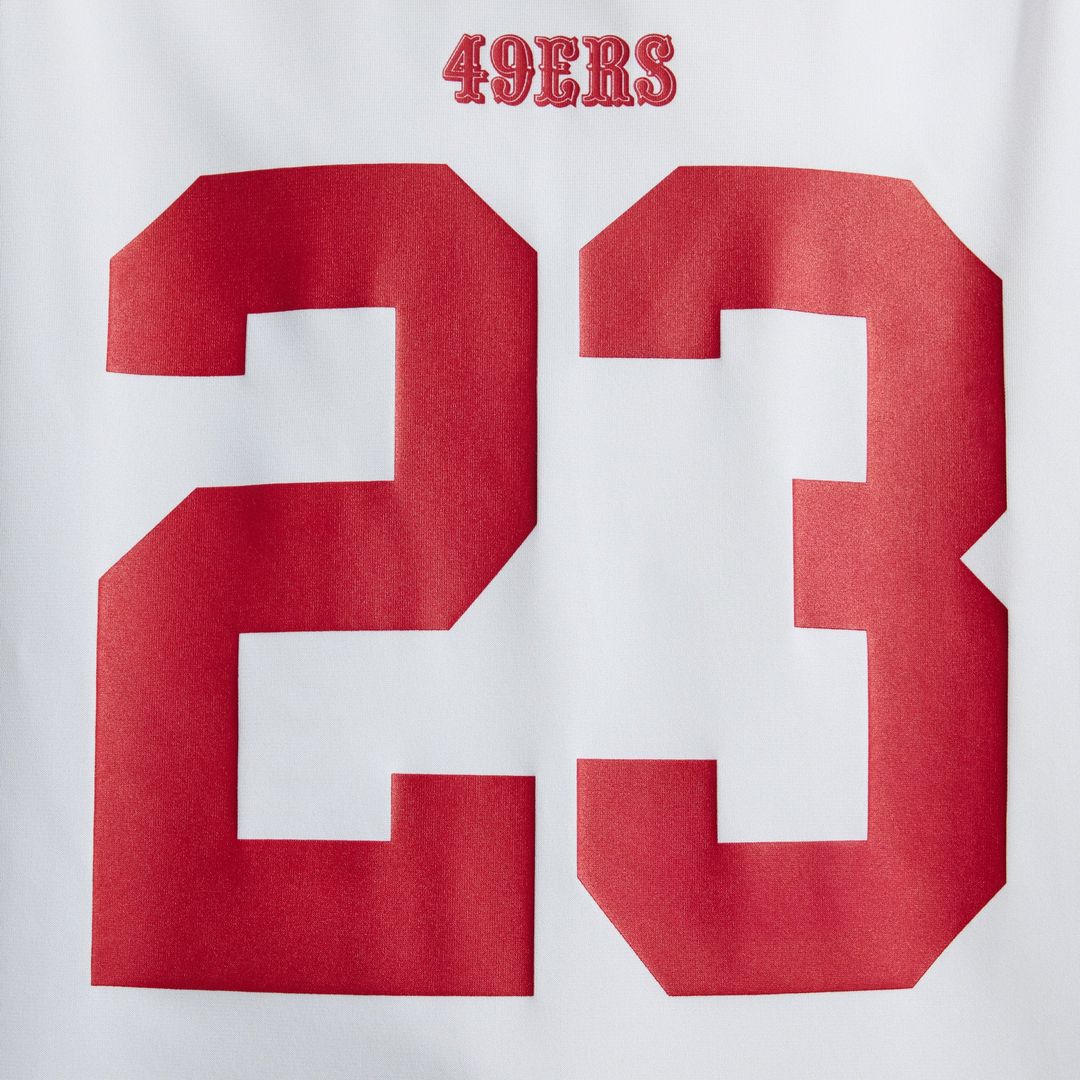 San Francisco 49ers Christian McCaffrey White Game Player Jersey product image 20, provided for visual reference and product