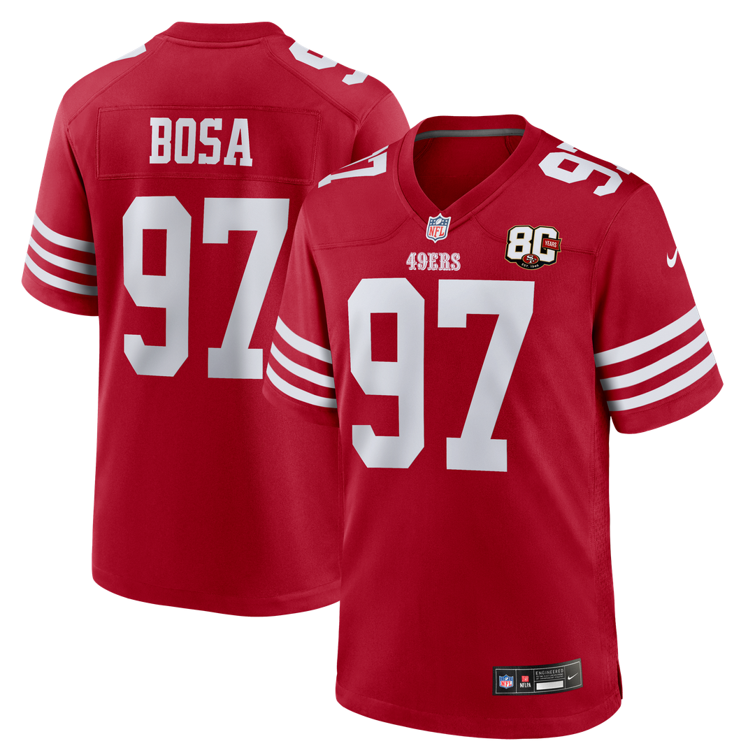 San Francisco 49ers Nick Bosa Scarlet 80th Anniversary Game Jersey product image 1, provided for visual reference and