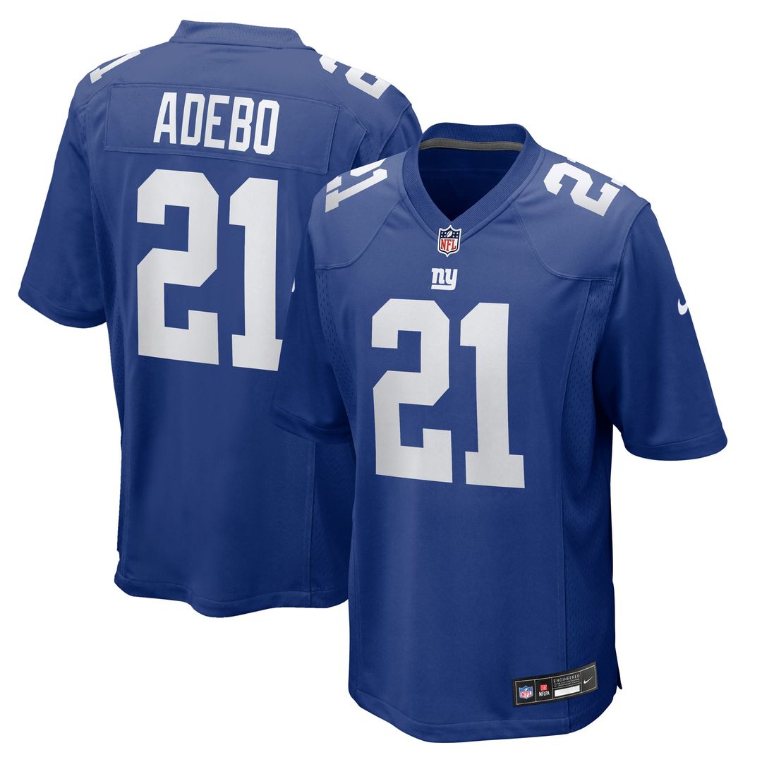 New York Giants Paulson Adebo Royal Team Game Jersey product image 1, provided for visual reference and product detail review