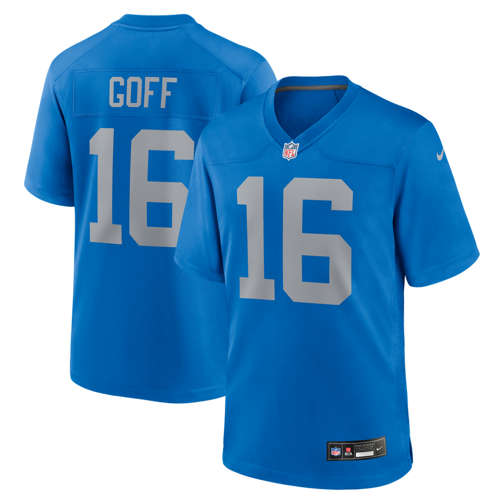 Detroit Lions Jared Goff Blue Alternate Game Jersey product image 1, provided for visual reference and product detail review