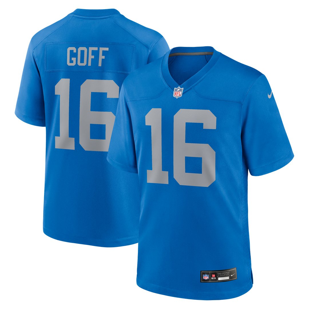 Detroit Lions Jared Goff Blue Alternate Game Jersey product image 1, provided for visual reference and product detail review