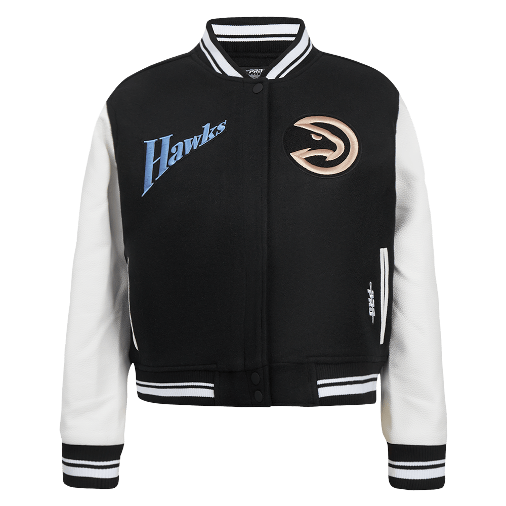 NBA ATLANTA HAWKS CITY EDITION 24-25 Women RIB WOOL VARSITY JACKET (BLACK/WHITE) product image 1, provided for visual