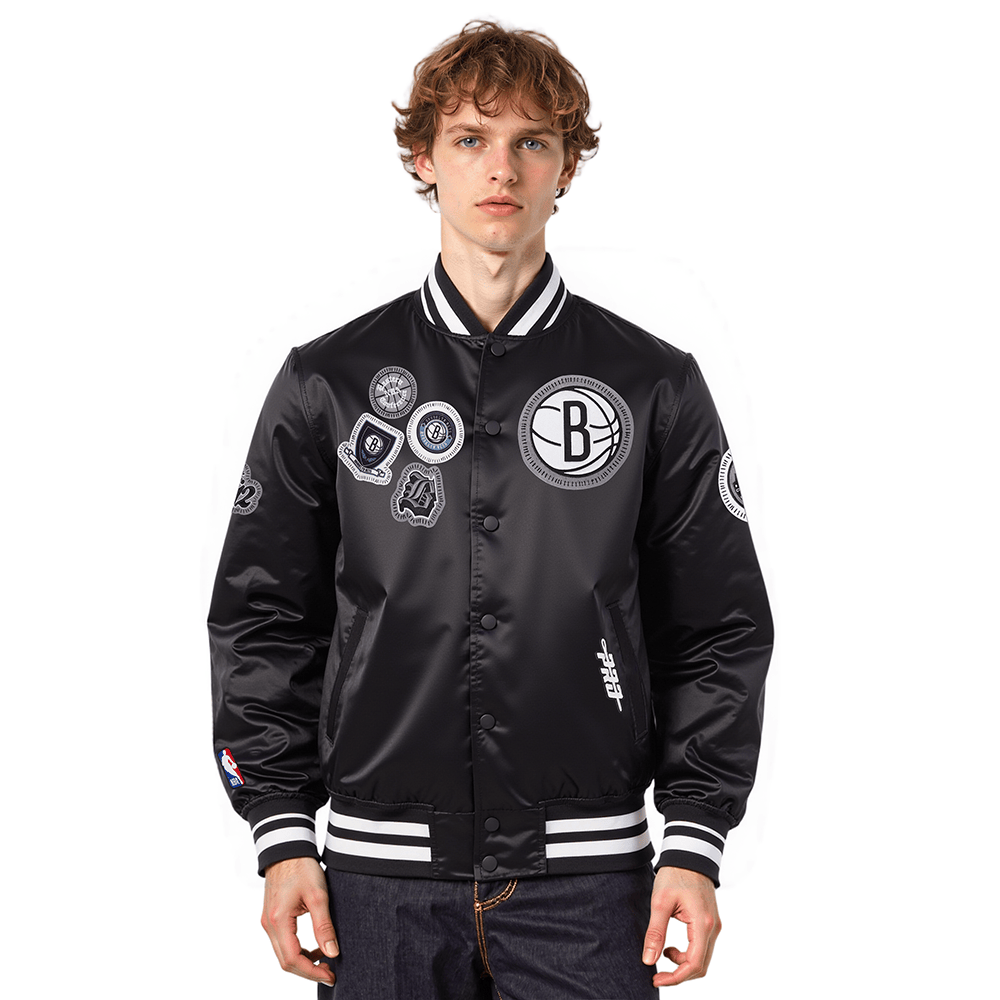 NBA BROOKLYN NETS DIY PICK STITCH Men RIB SATIN JACKET (BLACK) product image 1, provided for visual reference and product