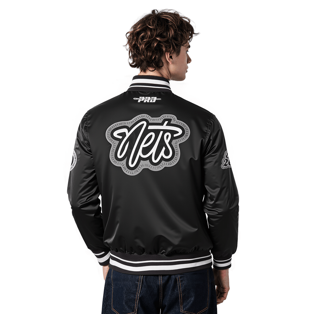 NBA BROOKLYN NETS DIY PICK STITCH Men RIB SATIN JACKET (BLACK) product image 2, provided for visual reference and product