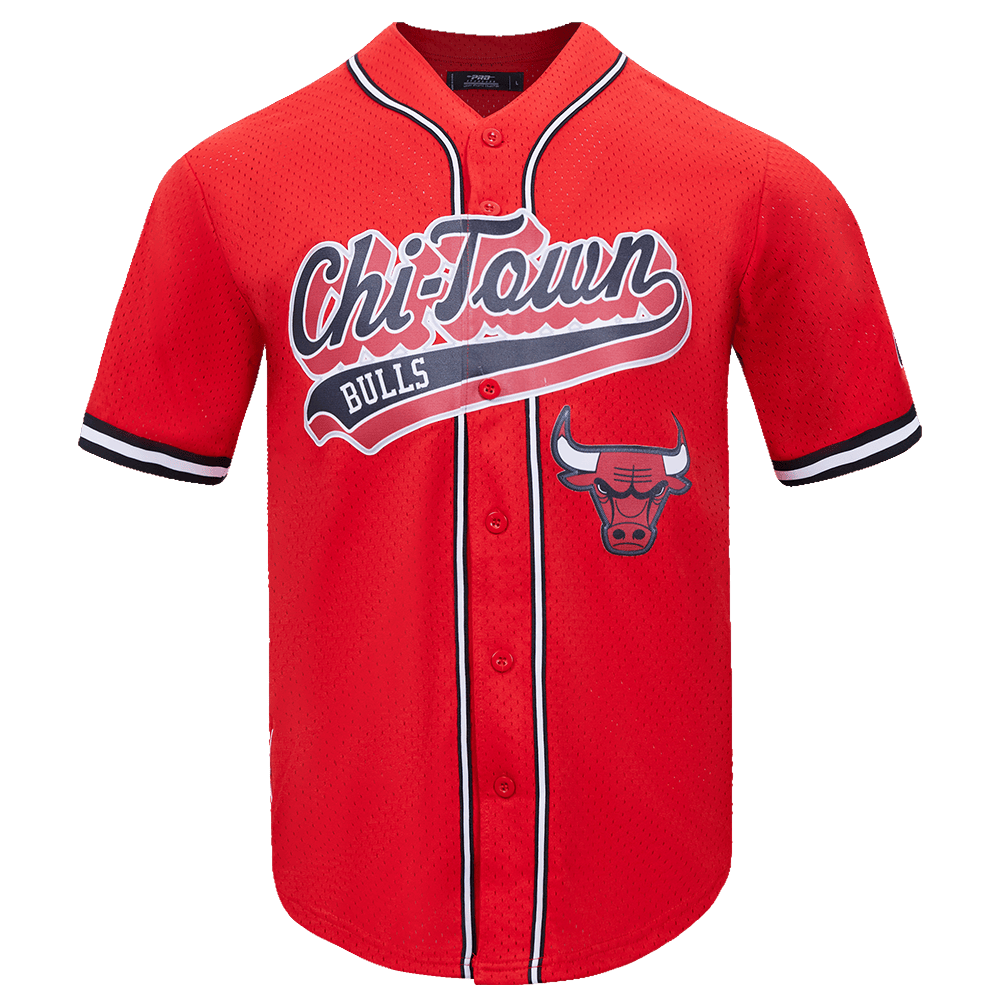 NBA CHICAGO BULLS SCRIPT TAIL Men MESH BUTTON DOWN SHIRT (RED/BLACK) product image 1, provided for visual reference and