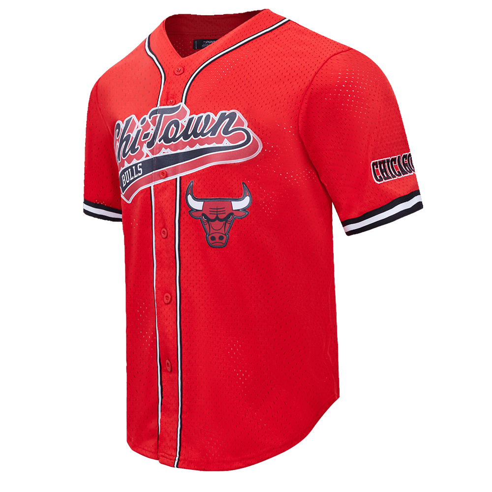 NBA CHICAGO BULLS SCRIPT TAIL Men MESH BUTTON DOWN SHIRT (RED/BLACK) product image 2, provided for visual reference and