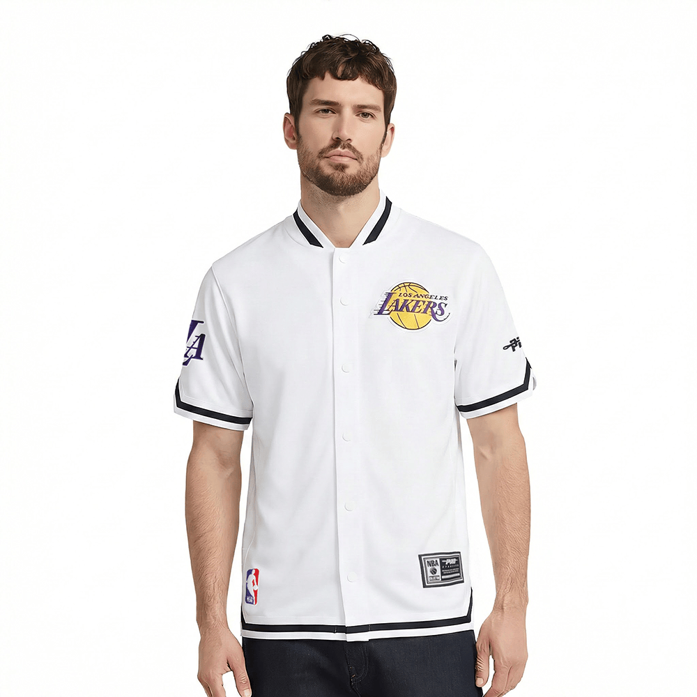 NBA LOS ANGELES LAKERS SOUVENIR Men PRO SS DOUBLE KNIT JACKET (WHITE/BLACK) product image 1, provided for visual reference