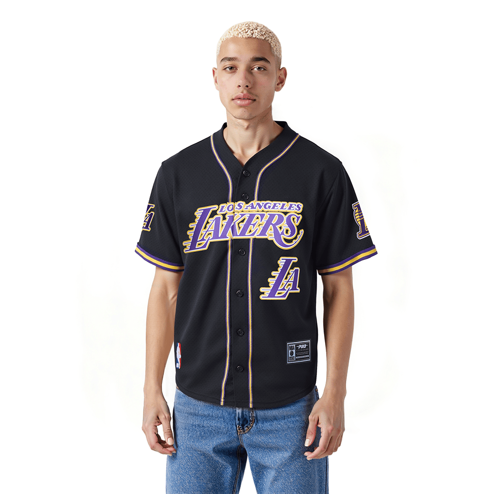 NBA LOS ANGELES LAKERS LOGO Men MESH BUTTON UP SHIRT (BLACK/PURPLE) product image 1, provided for visual reference and