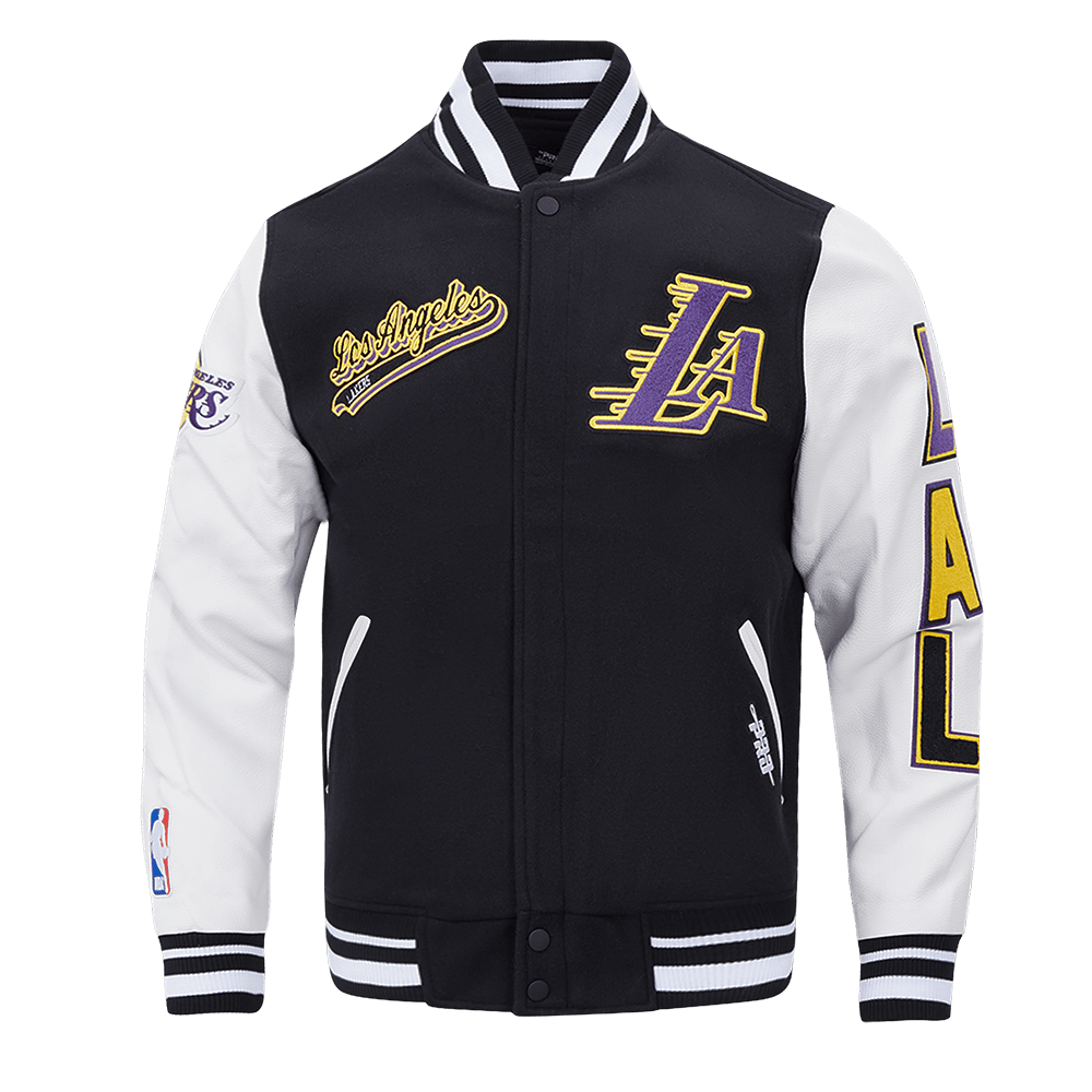 NBA LOS ANGELES LAKERS SCRIPT TAIL Men VARSITY JACKET (BLACK/WHITE) product image 1, provided for visual reference and