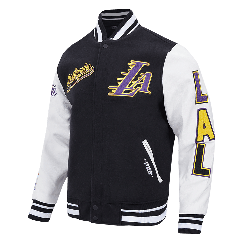 NBA LOS ANGELES LAKERS SCRIPT TAIL Men VARSITY JACKET (BLACK/WHITE) product image 2, provided for visual reference and