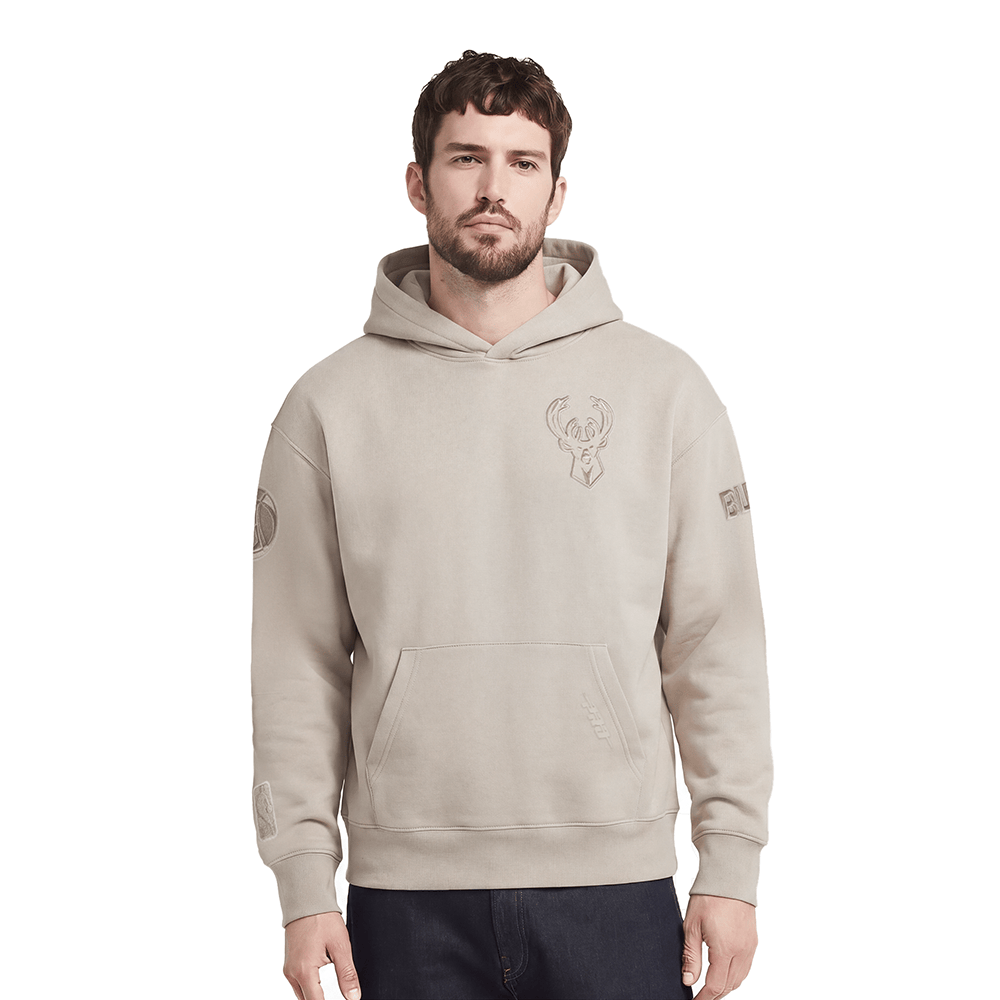NBA MILWAUKEE BUCKS NEUTRAL Men DROP SHOULDER PULLOVER HOODIE (TAUPE) product image 1, provided for visual reference and