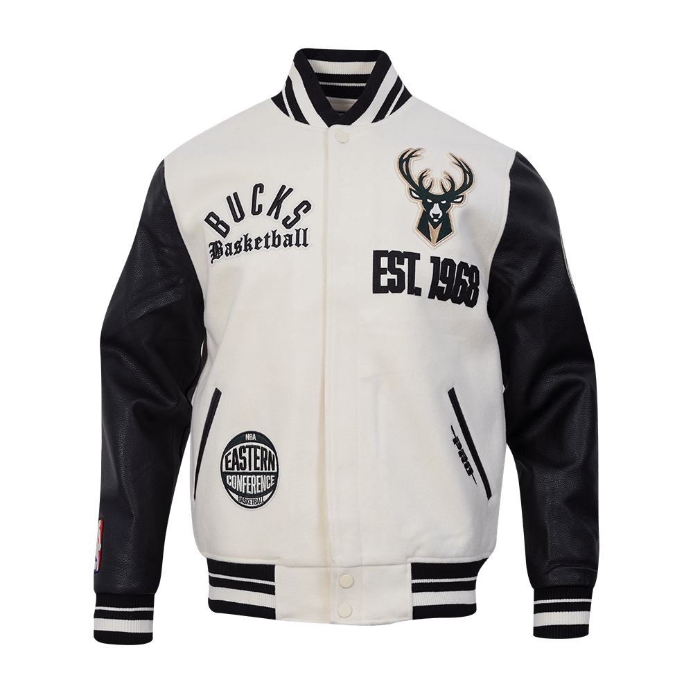 NBA MILWAUKEE BUCKS MODERN ORIGINALS Men RIB WOOL VARSITY JACKET (EGGSHELL/ BLACK) product image 3, provided for visual