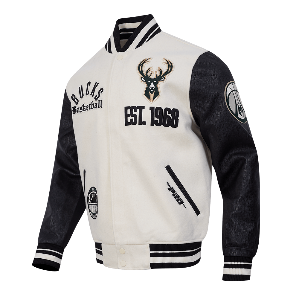 NBA MILWAUKEE BUCKS MODERN ORIGINALS Men RIB WOOL VARSITY JACKET (EGGSHELL/ BLACK) product image 4, provided for visual