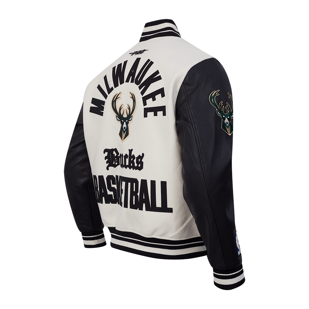NBA MILWAUKEE BUCKS MODERN ORIGINALS Men RIB WOOL VARSITY JACKET (EGGSHELL/ BLACK) product image 6, provided for visual