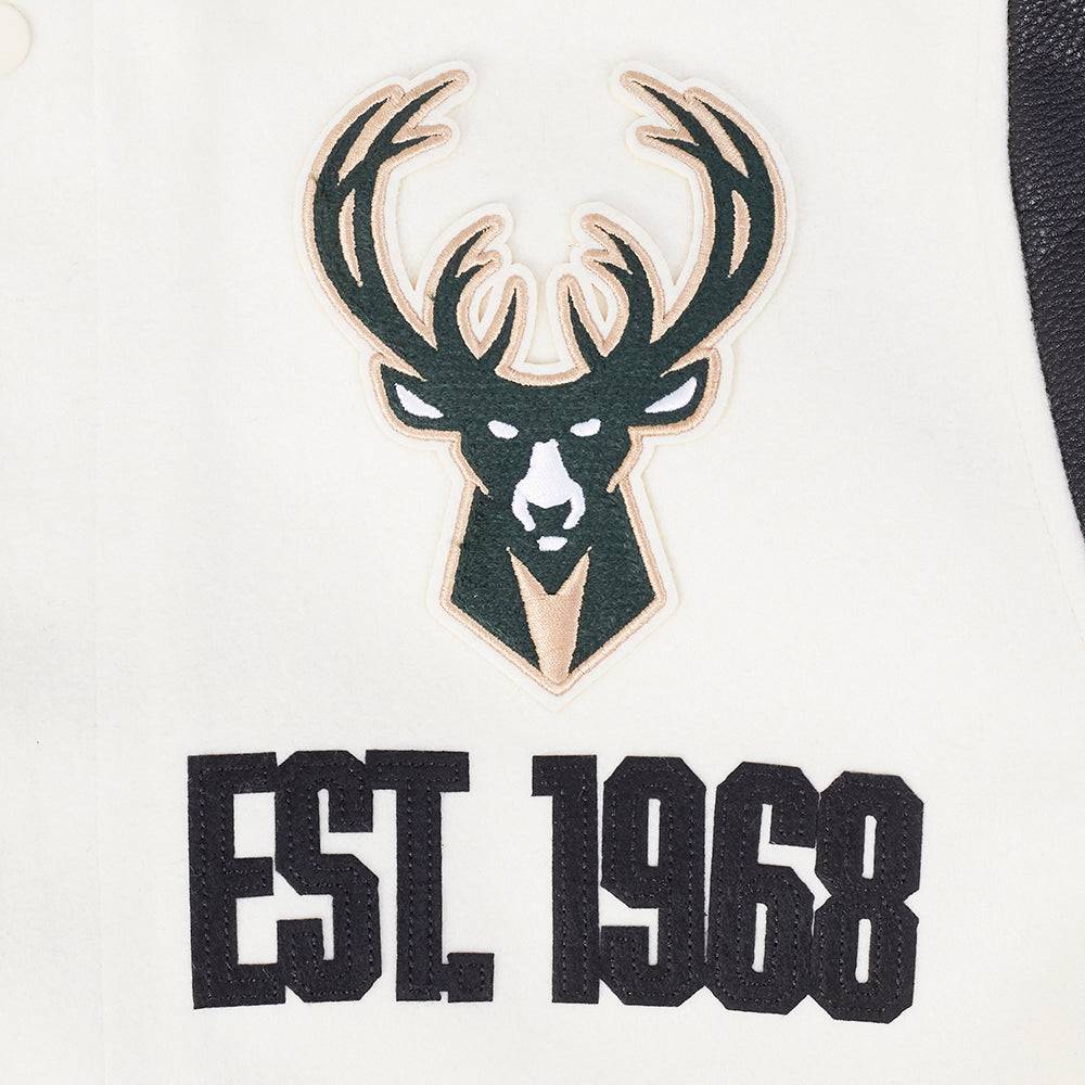 NBA MILWAUKEE BUCKS MODERN ORIGINALS Men RIB WOOL VARSITY JACKET (EGGSHELL/ BLACK) product image 7, provided for visual