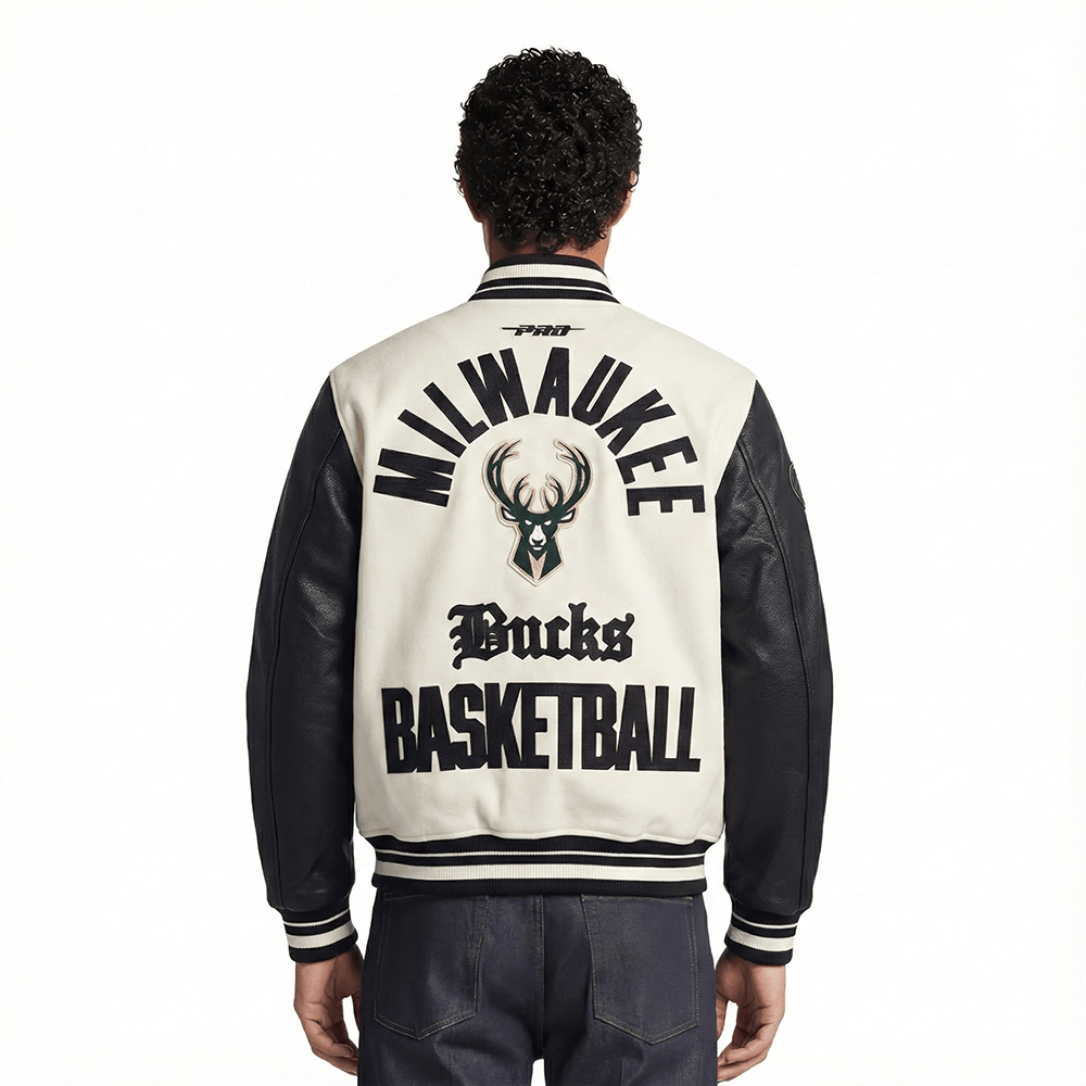 NBA MILWAUKEE BUCKS MODERN ORIGINALS Men RIB WOOL VARSITY JACKET (EGGSHELL/ BLACK) product image 2, provided for visual