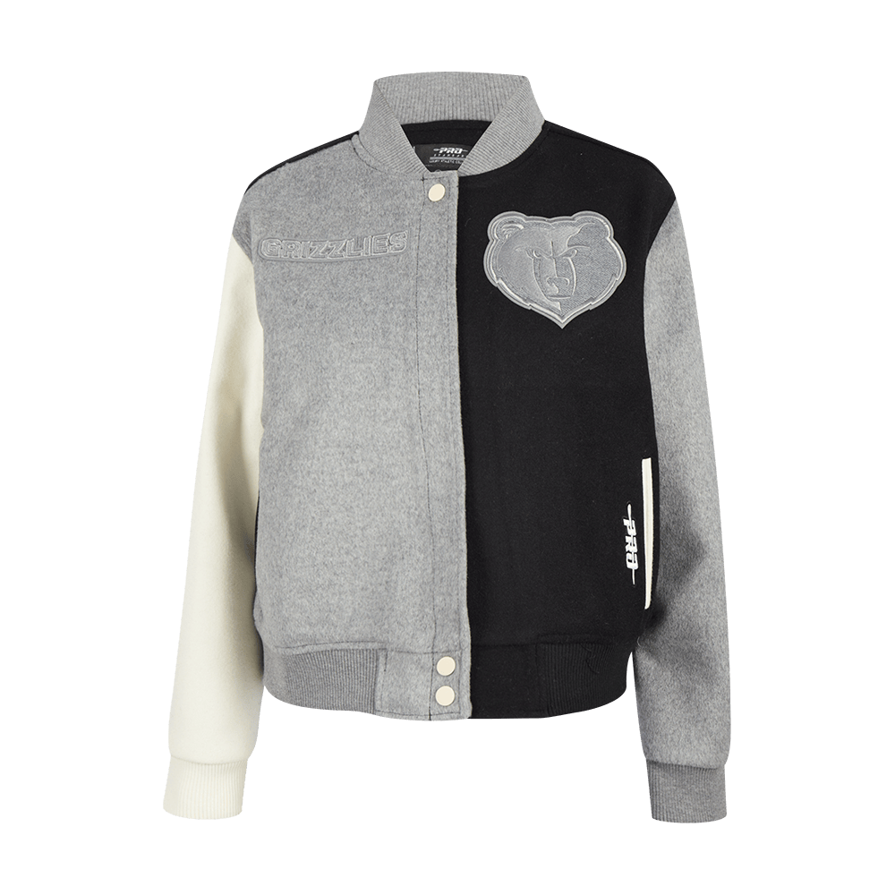 NBA MEMPHIS GRIZZLIES REVERSE FRENCH TERRY Women WOOL VARSITY JACKET (BLACK/GRAY/EGGSHELL) product image 1, provided for
