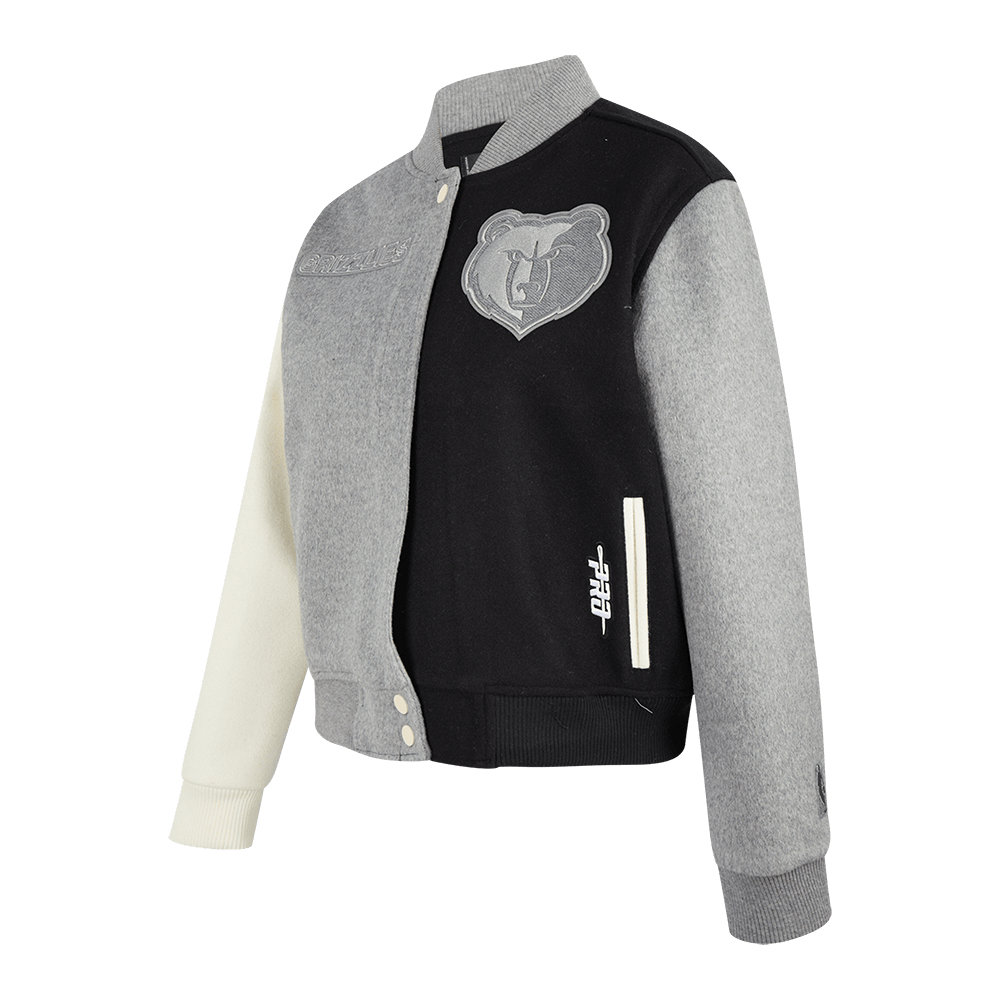 NBA MEMPHIS GRIZZLIES REVERSE FRENCH TERRY Women WOOL VARSITY JACKET (BLACK/GRAY/EGGSHELL) product image 2, provided for