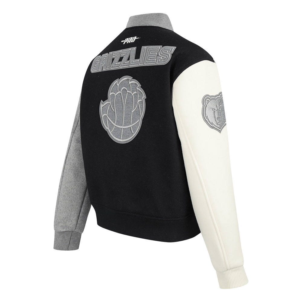 NBA MEMPHIS GRIZZLIES REVERSE FRENCH TERRY Women WOOL VARSITY JACKET (BLACK/GRAY/EGGSHELL) product image 4, provided for