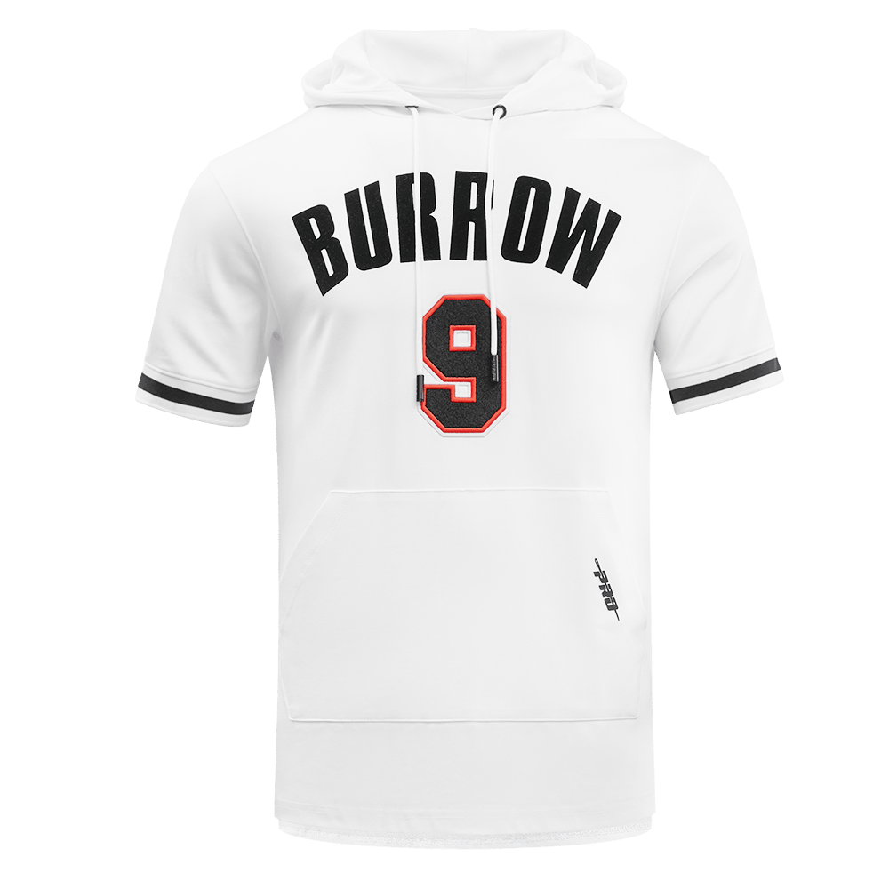 NFL CINCINNATI BENGALS JOE BURROW #9 Men SHORT SLEEVE PULLOVER HOODIE (WHITE/BLACK) product image 1, provided for visual