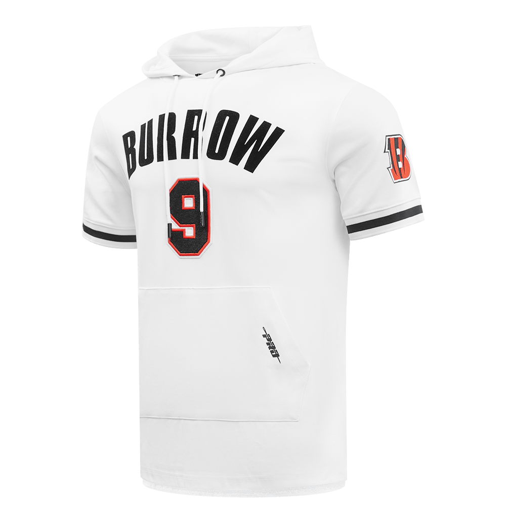 NFL CINCINNATI BENGALS JOE BURROW #9 Men SHORT SLEEVE PULLOVER HOODIE (WHITE/BLACK) product image 2, provided for visual