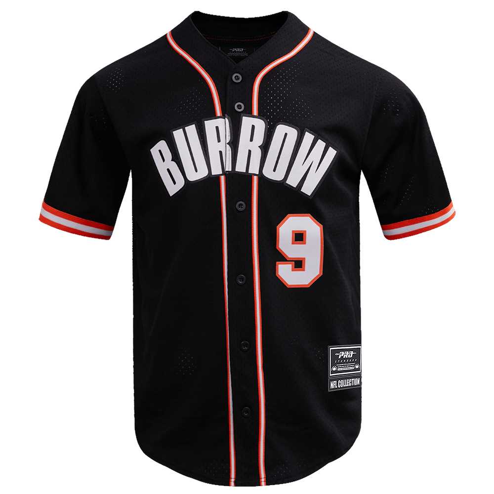NFL CINCINNATI BENGALS JOE BURROW #9 Men MESH BUTTON DOWN SHIRT (BLACK/ORANGE) product image 1, provided for visual