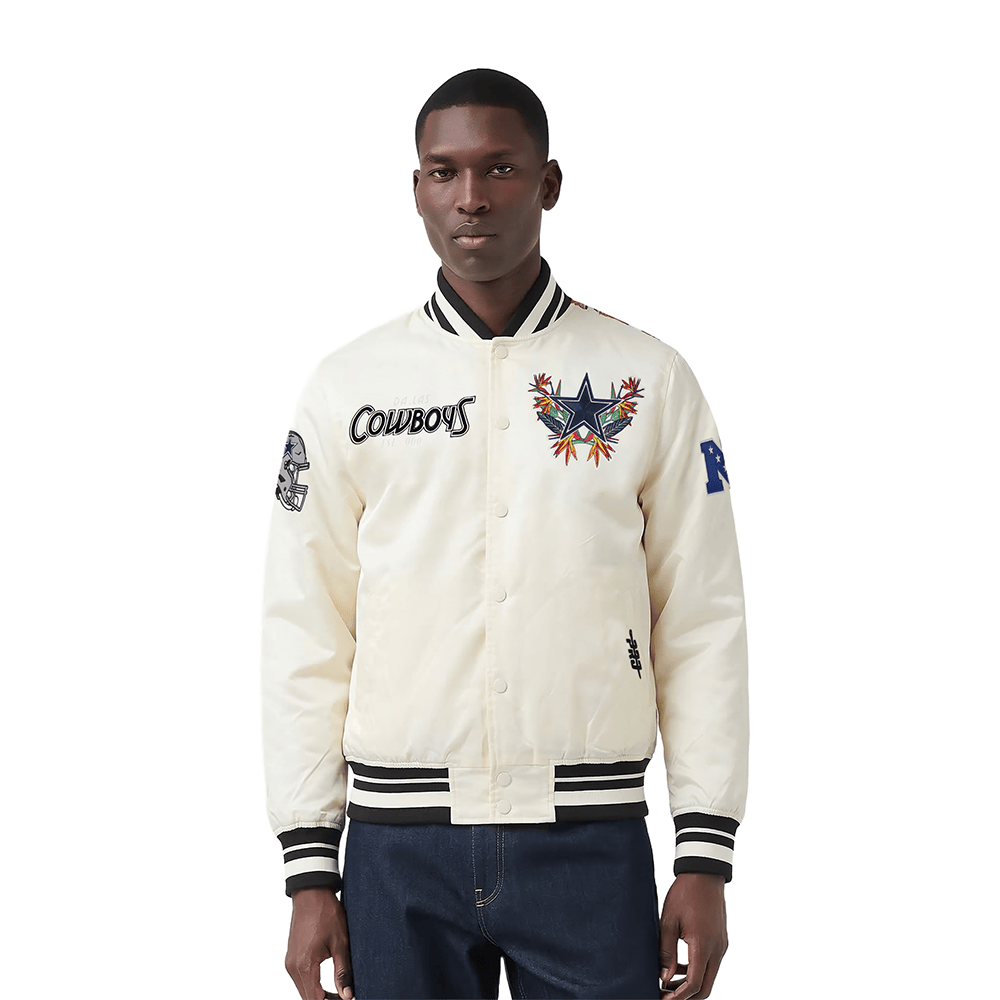 NFL DALLAS COWBOYS PARADISE Men SATIN JACKET (EGGSHELL/ BLACK) product image 1, provided for visual reference and product