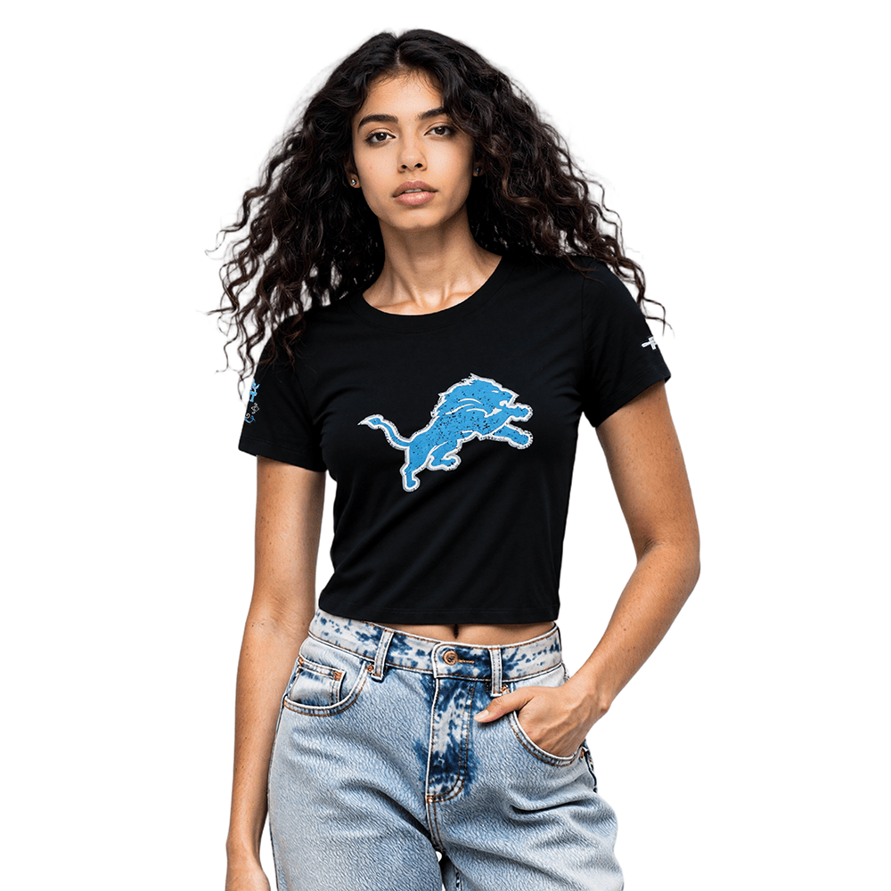 NFL DETROIT LIONS REBEL ATHLETICS Women BABY DOLL T-Shirt (BLACK) product image 8, provided for visual reference and product