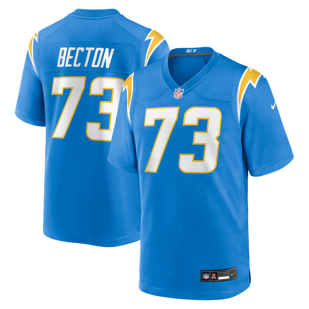 Los Angeles Chargers Mekhi Becton Powder Blue Team Game Jersey product image 1, provided for visual reference and product