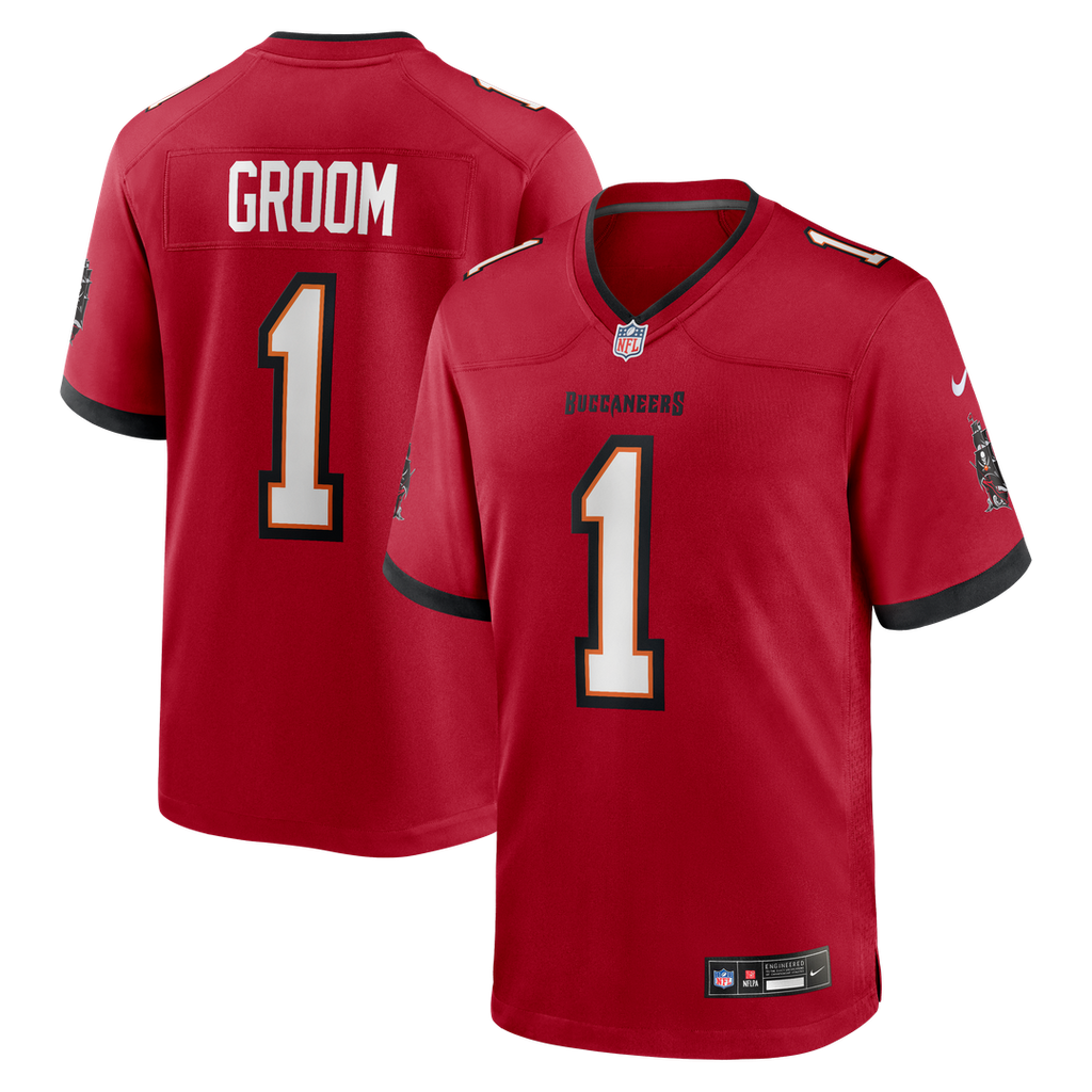 Tampa Bay Buccaneers Number 1 Groom Red Game Jersey product image 1, provided for visual reference and product detail review