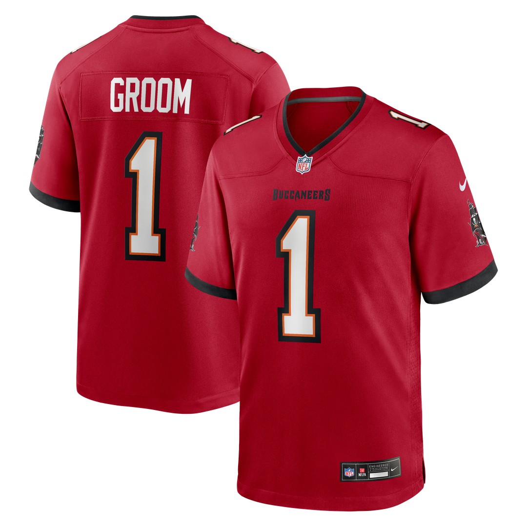 Tampa Bay Buccaneers Number 1 Groom Red Game Jersey product image 1, provided for visual reference and product detail review
