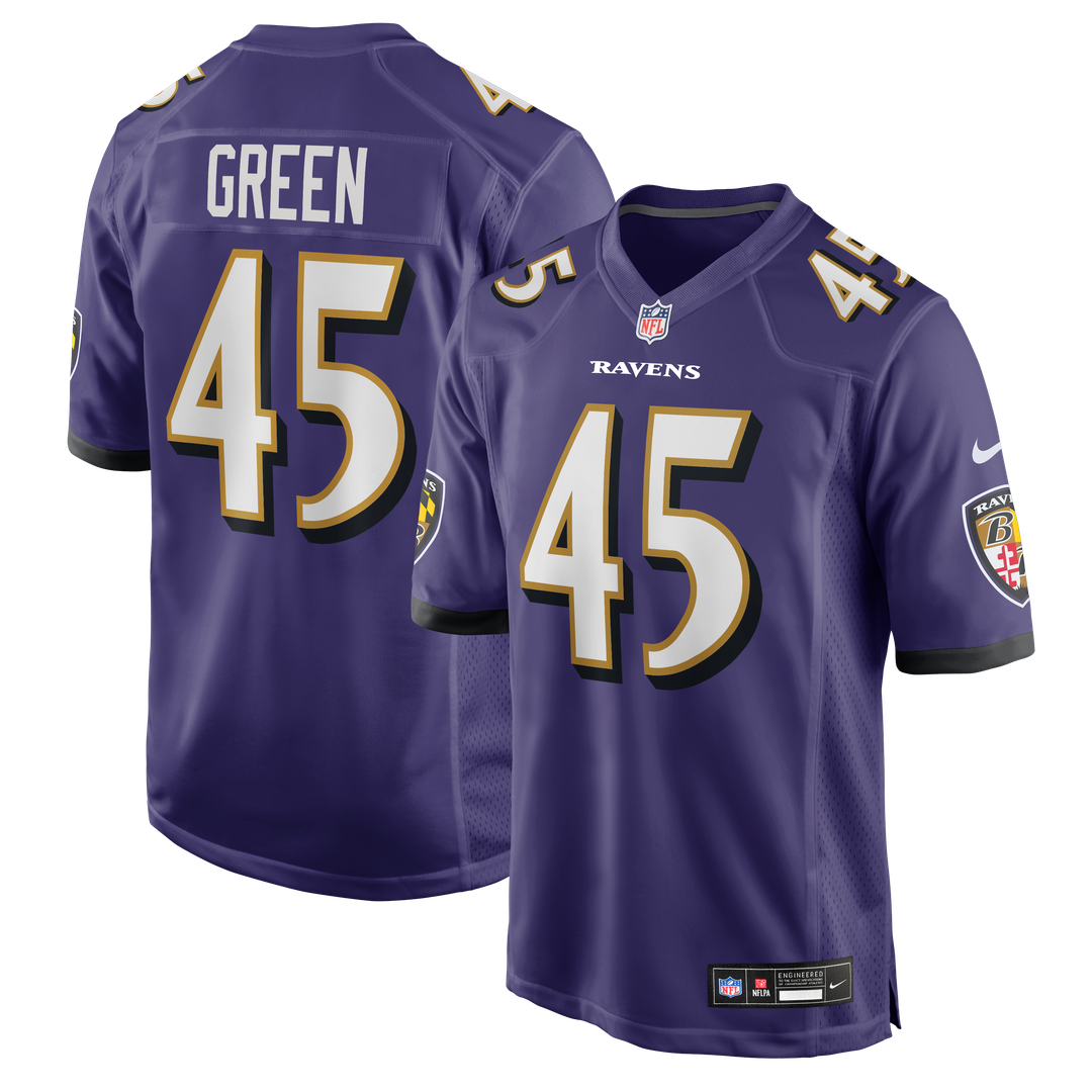 Baltimore Ravens Mike Green Purple Team Game Jersey product image 1, provided for visual reference and product detail review